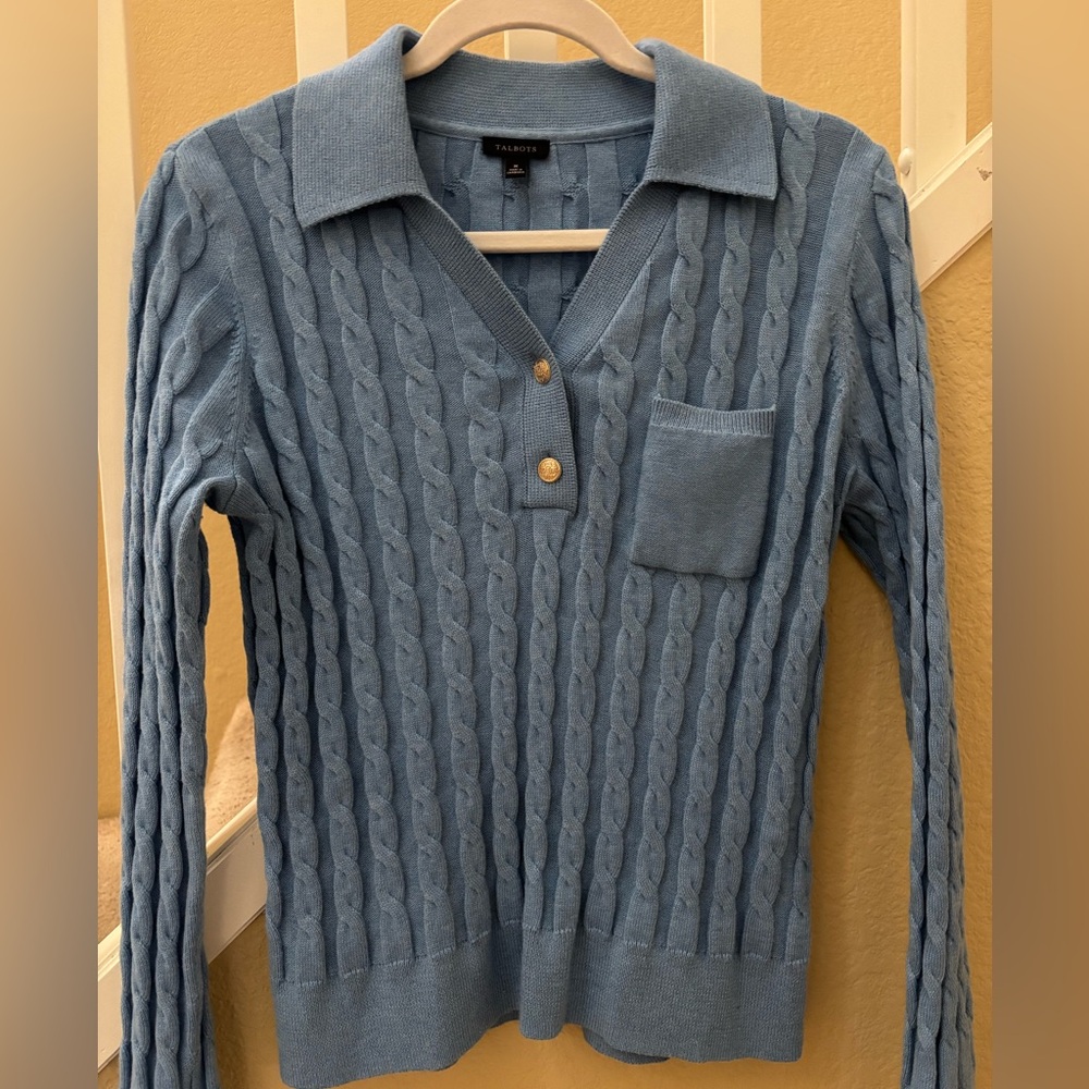 Talbots Light Blue Cable-Knit V-Neck Polo Sweater with Pocket